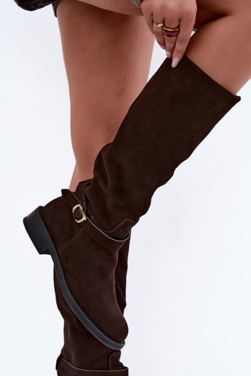 Kniehoge laarzen van faux suede met gespen Vinceza Czekolado