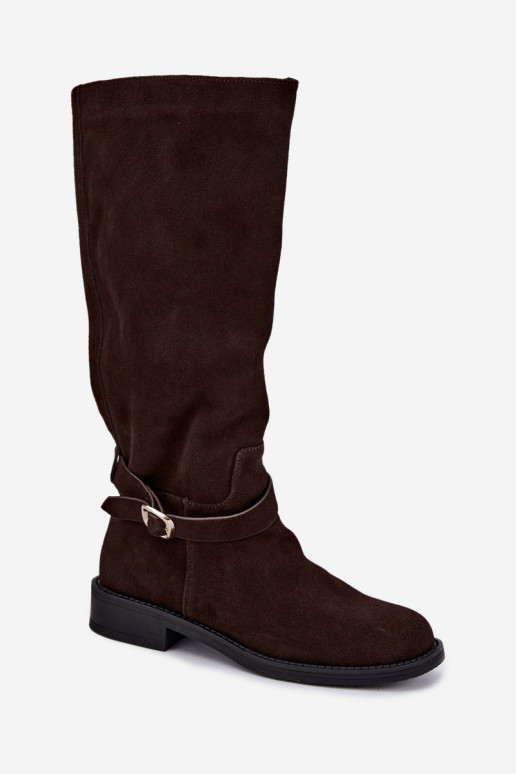 Kniehoge laarzen van faux suede met gespen Vinceza Czekolado