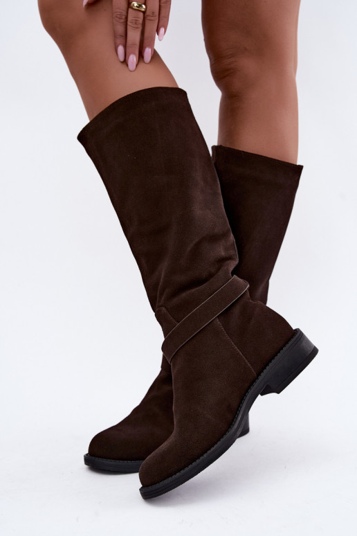 Kniehoge laarzen van faux suede met gespen Vinceza Czekolado