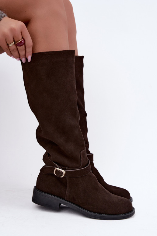 Kniehoge laarzen van faux suede met gespen Vinceza Czekolado