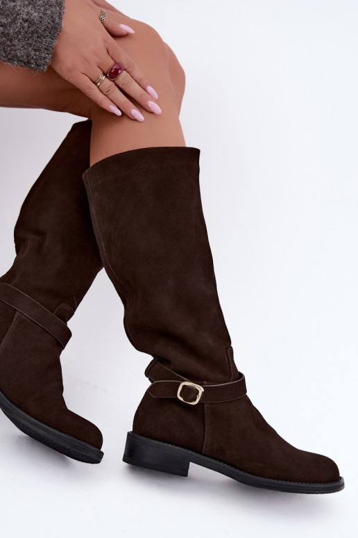 Kniehoge laarzen van faux suede met gespen Vinceza Czekolado