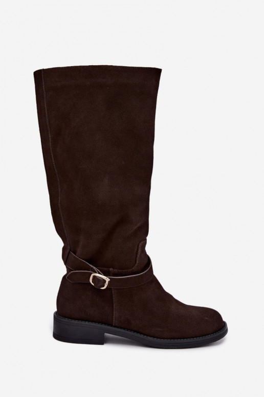 Kniehoge laarzen van faux suede met gespen Vinceza Czekolado
