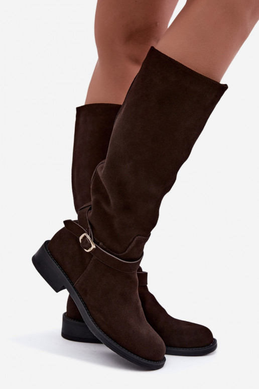 Kniehoge laarzen van faux suede met gespen Vinceza Czekolado
