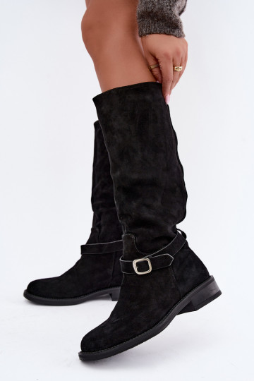 Kniehoge laarzen van faux suede met gespen Vinceza zwart 2