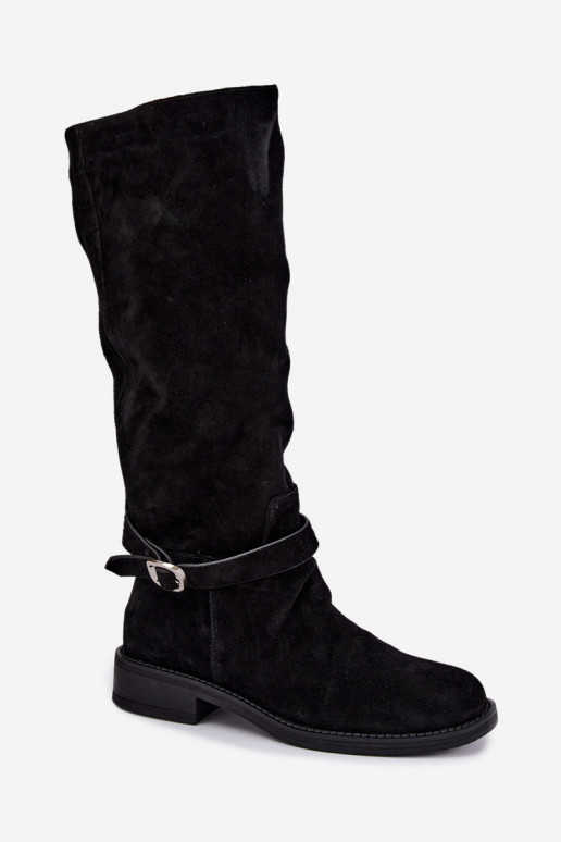 Kniehoge laarzen van faux suede met gespen Vinceza zwart