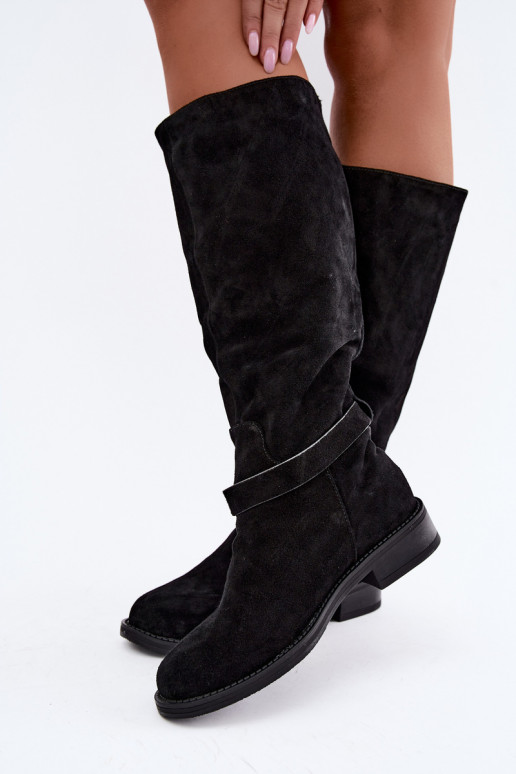 Kniehoge laarzen van faux suede met gespen Vinceza zwart