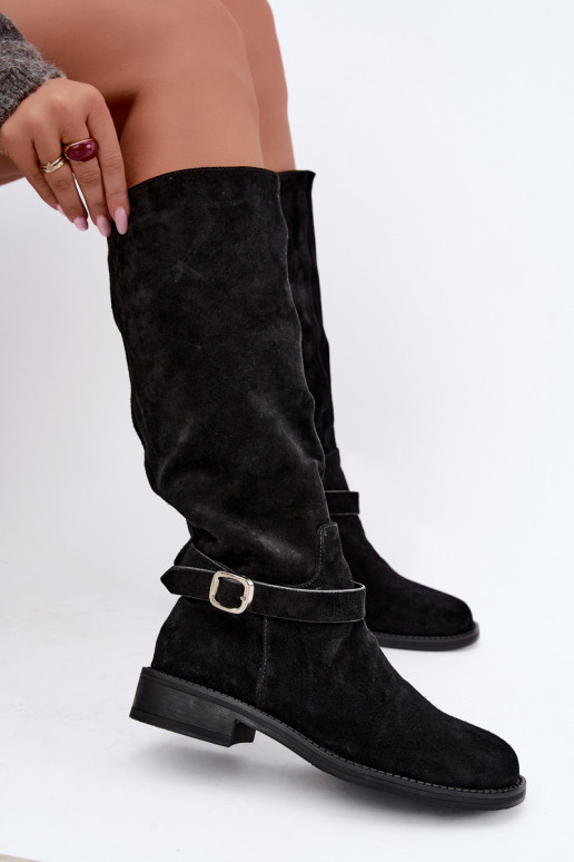 Kniehoge laarzen van faux suede met gespen Vinceza zwart
