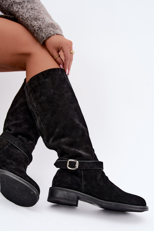 Kniehoge laarzen van faux suede met gespen Vinceza zwart