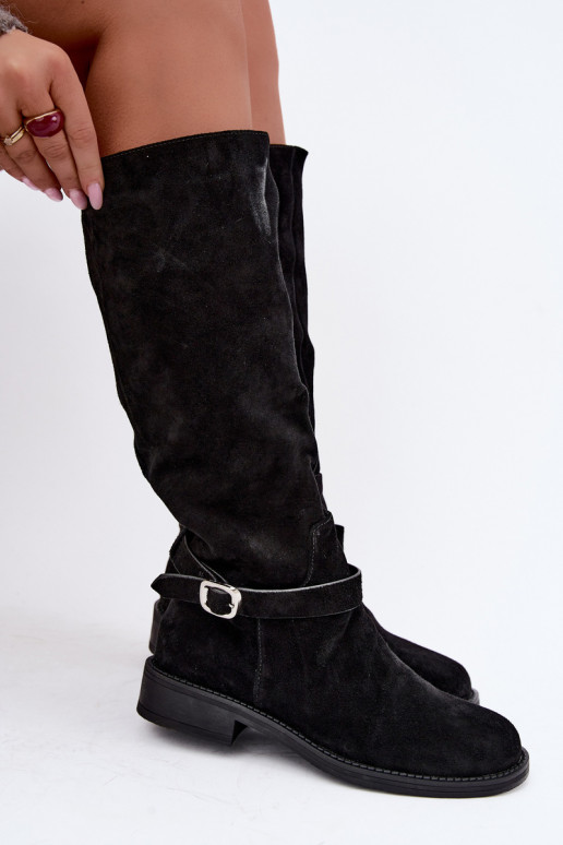 Kniehoge laarzen van faux suede met gespen Vinceza zwart