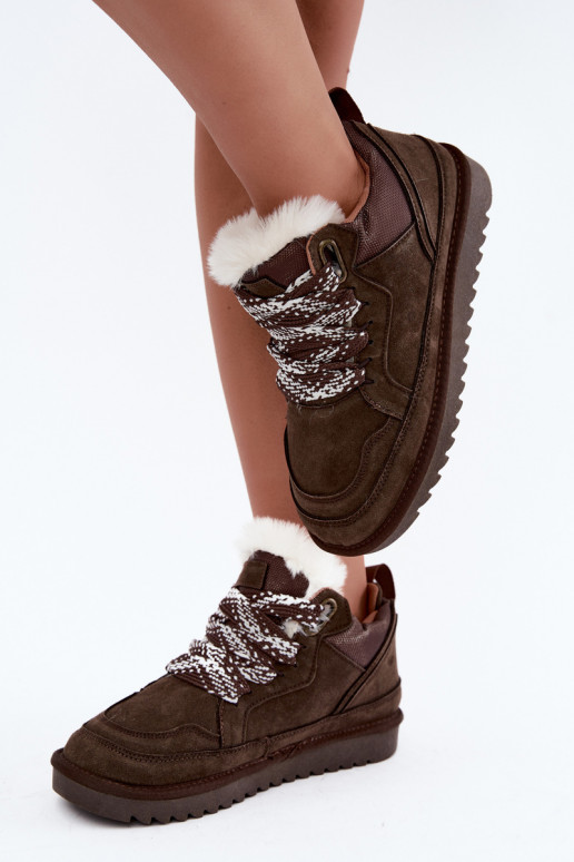 Faux suede sneeuwlaarzen met bont en veters Vinceza 97974 in chocoladekleur