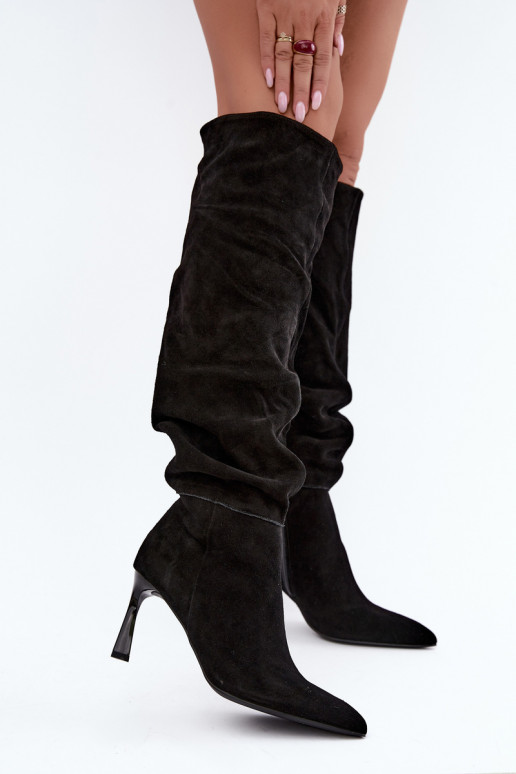 Faux suede lange laarzen Slouchy met dunne hakken Vinceza 89170 in zwarte kleur