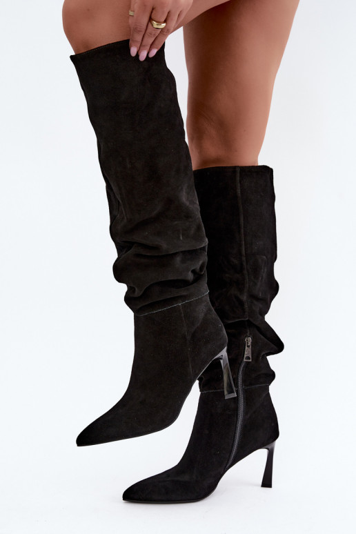 Faux suede lange laarzen Slouchy met dunne hakken Vinceza 89170 in zwarte kleur