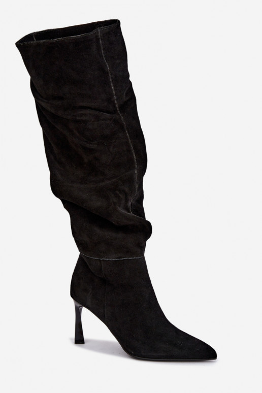 Faux suede lange laarzen Slouchy met dunne hakken Vinceza 89170 in zwarte kleur