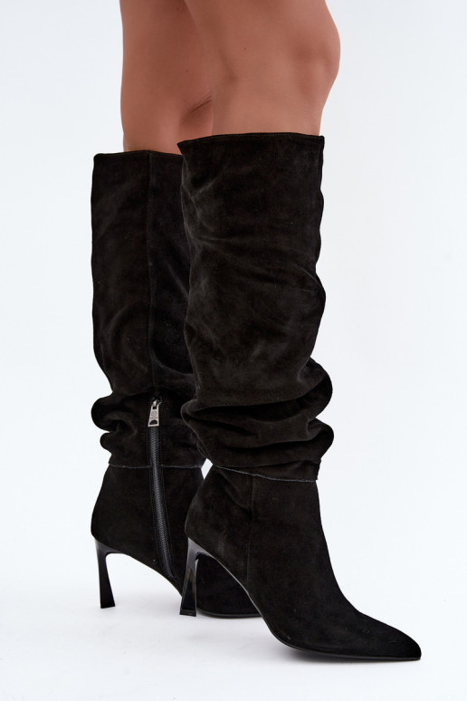 Faux suede lange laarzen Slouchy met dunne hakken Vinceza 89170 in zwarte kleur