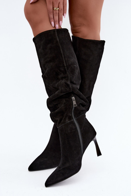Faux suede lange laarzen Slouchy met dunne hakken Vinceza 89170 in zwarte kleur