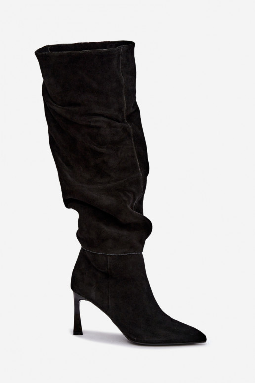 Faux suede lange laarzen Slouchy met dunne hakken Vinceza 89170 in zwarte kleur