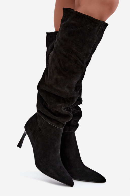 Faux suede lange laarzen Slouchy met dunne hakken Vinceza 89170 in zwarte kleur