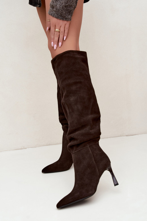 Faux suede lange laarzen Slouchy met dunne hakken Vinceza 89170 in chocoladekleur