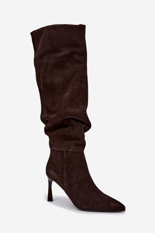 Faux suede lange laarzen Slouchy met dunne hakken Vinceza 89170 in chocoladekleur