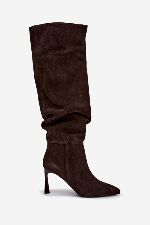 Faux suede lange laarzen Slouchy met dunne hakken Vinceza 89170 in chocoladekleur
