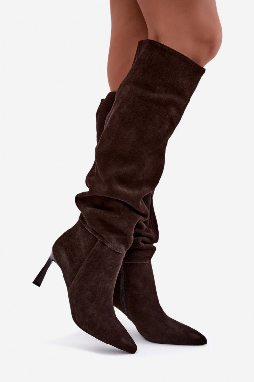 Faux suede lange laarzen Slouchy met dunne hakken Vinceza 89170 in chocoladekleur