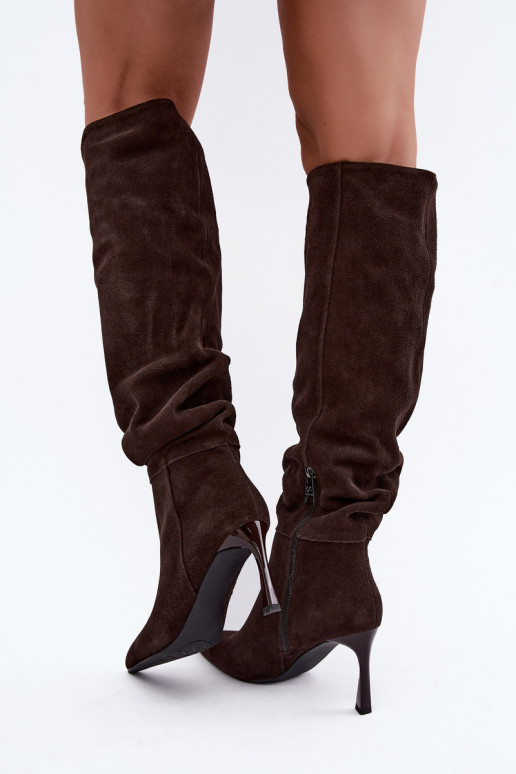 Faux suede lange laarzen Slouchy met dunne hakken Vinceza 89170 in chocoladekleur
