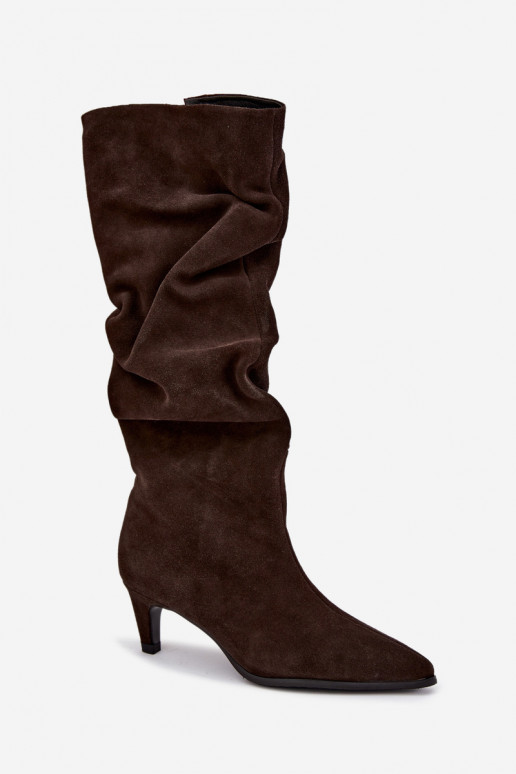 Faux suede geïsoleerde lange laarzen Slouchy met hakken Vinceza 89167 in chocoladekleur