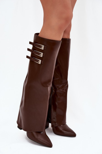 Dames hoge laarzen met hak en veterschaft, riemen met gespen in chocolade kleur Nirisa