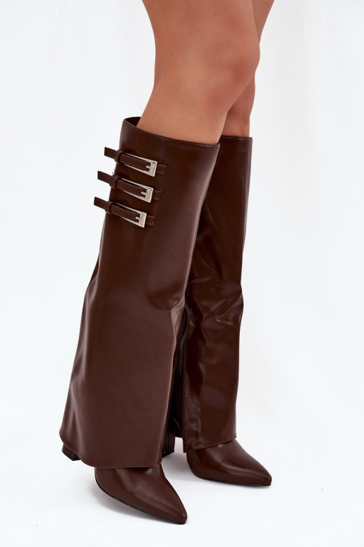 Dames hoge laarzen met hak en veterschaft, riemen met gespen in chocolade kleur Nirisa