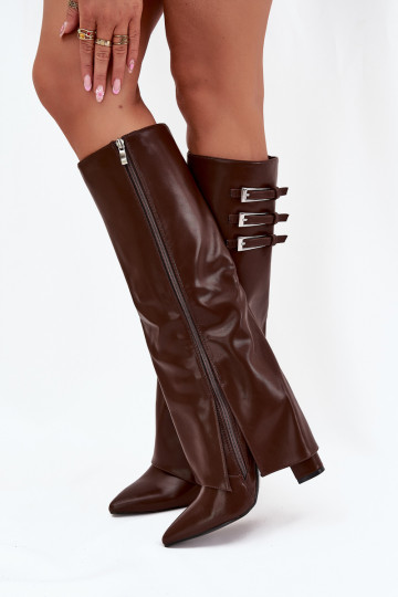 Dames hoge laarzen met hak en veterschaft, riemen met gespen in chocolade kleur Nirisa 2