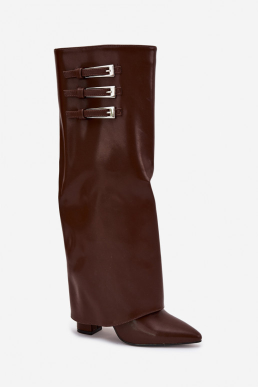 Dames hoge laarzen met hak en veterschaft, riemen met gespen in chocolade kleur Nirisa