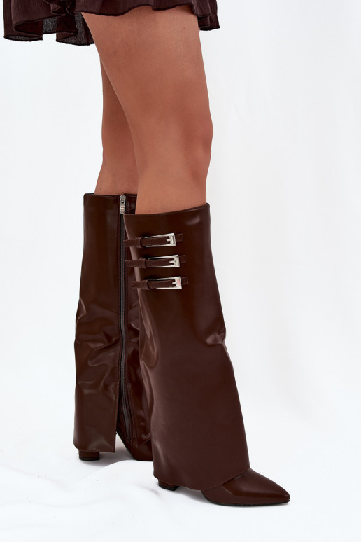 Dames hoge laarzen met hak en veterschaft, riemen met gespen in chocolade kleur Nirisa