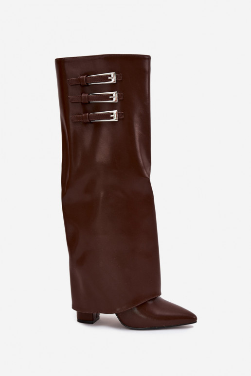 Dames hoge laarzen met hak en veterschaft, riemen met gespen in chocolade kleur Nirisa