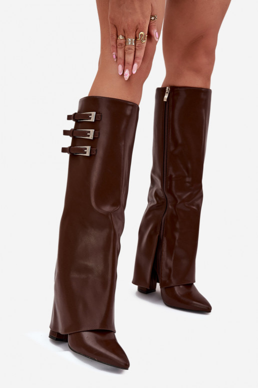 Dames hoge laarzen met hak en veterschaft, riemen met gespen in chocolade kleur Nirisa