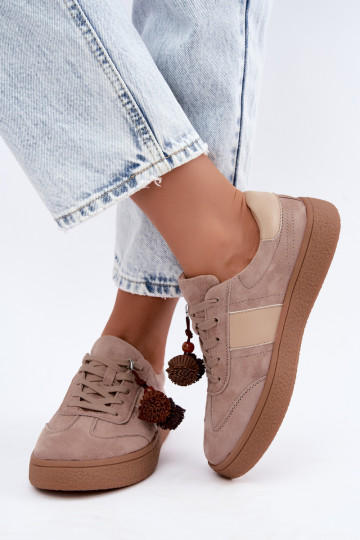 Faux suede sneakers met fluffy pompons Vinceza 79682 zandkleurig 2