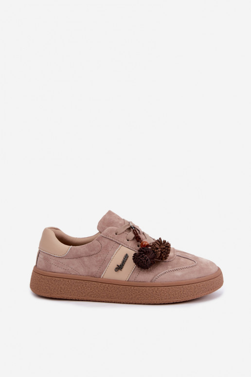 Faux suede sneakers met fluffy pompons Vinceza 79682 zandkleurig
