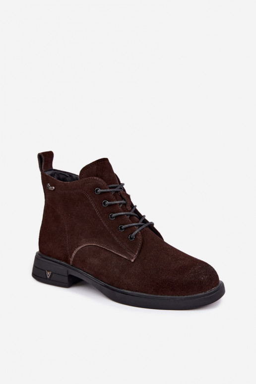 Warme suède schoenen met lage hak Vinceza 39953 chocoladekleurig