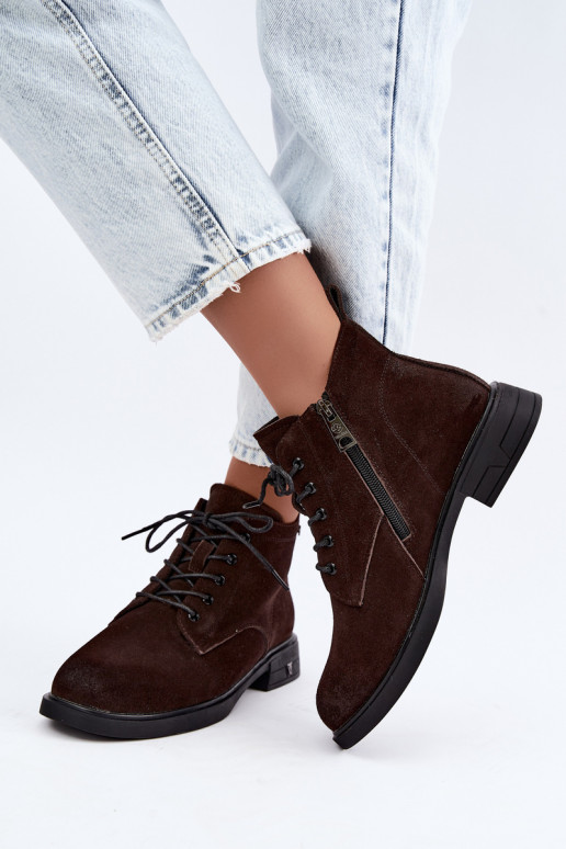 Warme suède schoenen met lage hak Vinceza 39953 chocoladekleurig