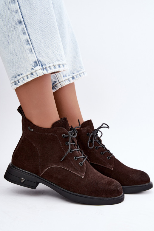 Warme suède schoenen met lage hak Vinceza 39953 chocoladekleurig