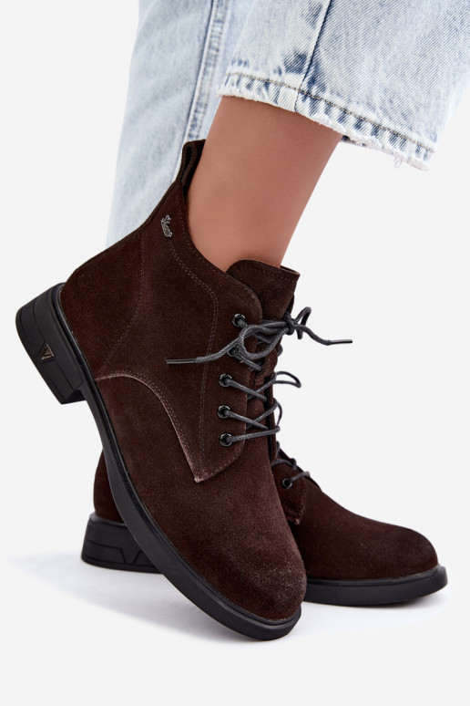 Warme suède schoenen met lage hak Vinceza 39953 chocoladekleurig