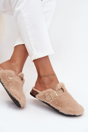 met bont Damespantoffels met platform met riemen I met gespen beige Noraline