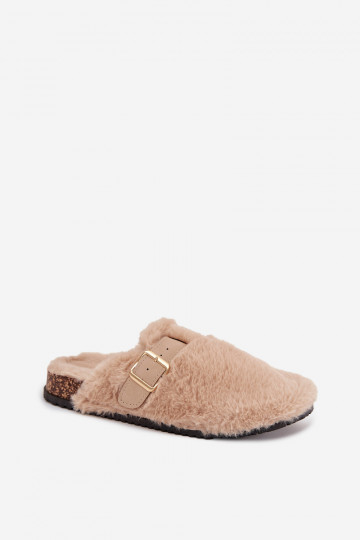 dames platformslippers met bont en gespen in zandkleur Noraline 2
