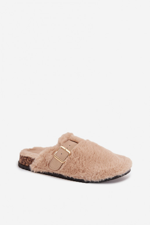 dames platformslippers met bont en gespen in zandkleur Noraline