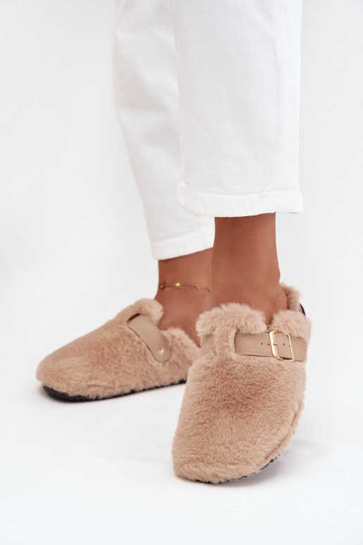 dames platformslippers met bont en gespen in zandkleur Noraline