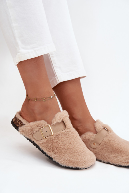 dames platformslippers met bont en gespen in zandkleur Noraline