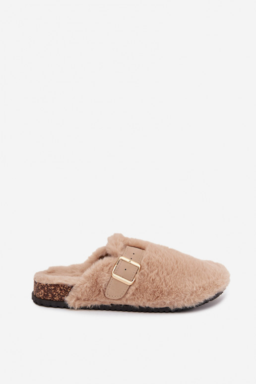dames platformslippers met bont en gespen in zandkleur Noraline