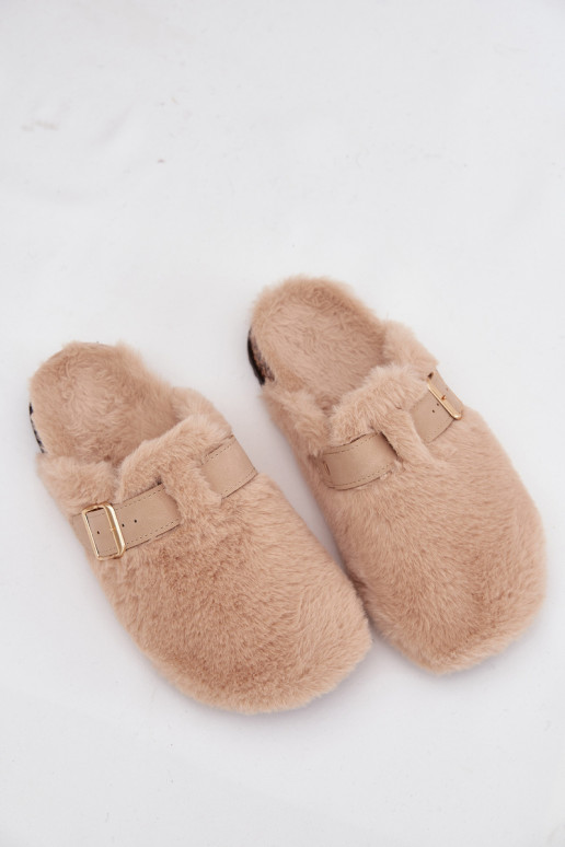 dames platformslippers met bont en gespen in zandkleur Noraline