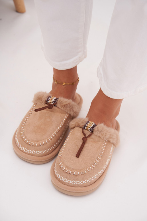 dames slippers met bont en geborduurde ringen in zandkleur Perivelle