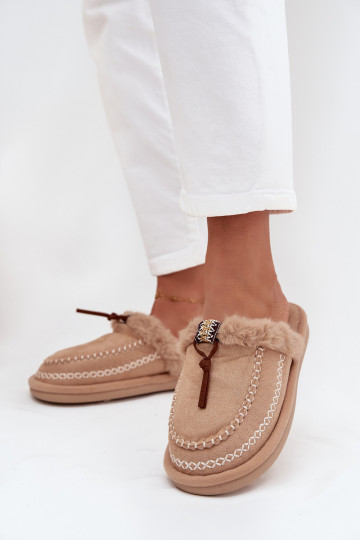dames slippers met bont en geborduurde ringen in zandkleur Perivelle 2