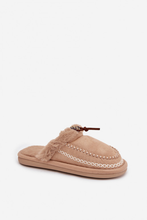 dames slippers met bont en geborduurde ringen in zandkleur Perivelle